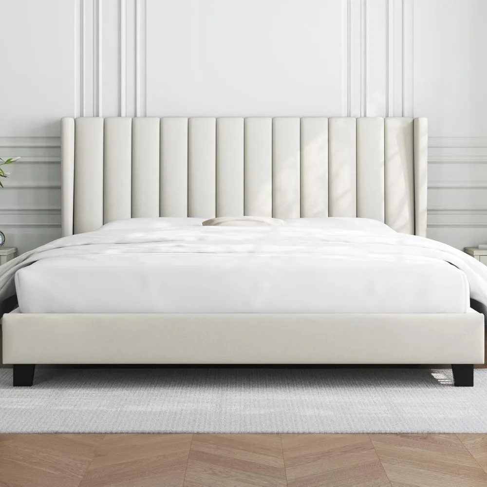 

King Bed Frame Upholstered Platform Bed with Fabric Headboard, Wing Edge Design/Non-Slip and Noise-Free/Wooden Slats Support