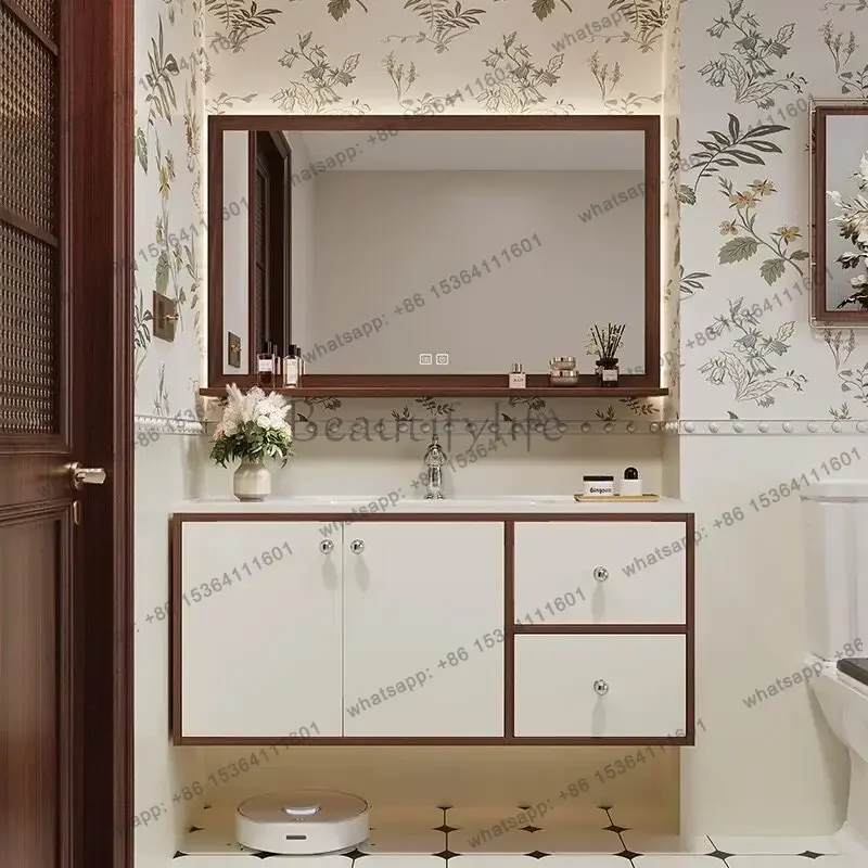 Medieval cream wind color matching bathroom cabinet combination ceramic integrated basin bathroom washstand cabinet