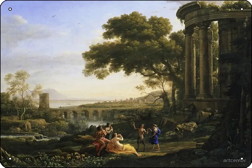 Claude Lorrain - Landscape With Nymph And Satyr Dancing Poster Metal Sign Decor - 8 x 12inch Bar Pub Garage Man Cave Wall Art