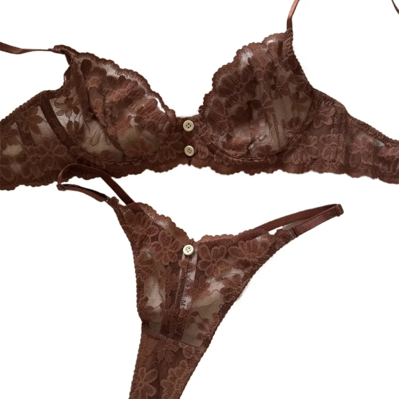 

Sexy Lace Flowers Embroidery Lingerie Set for Women Ultra Thin Breathable Bra Button Decoration Underwear French Bras Thong Sets