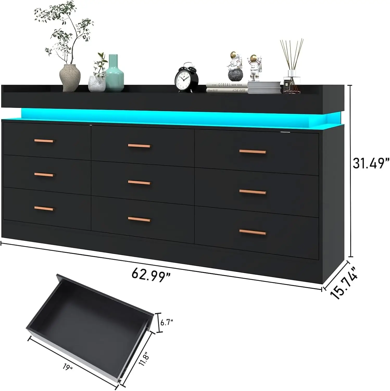 9 Drawer Dresser with LED Light and Charging Station, Modern Chest of Drawers for Closet, Wide Drawer Organizer Cabinet for Bedr