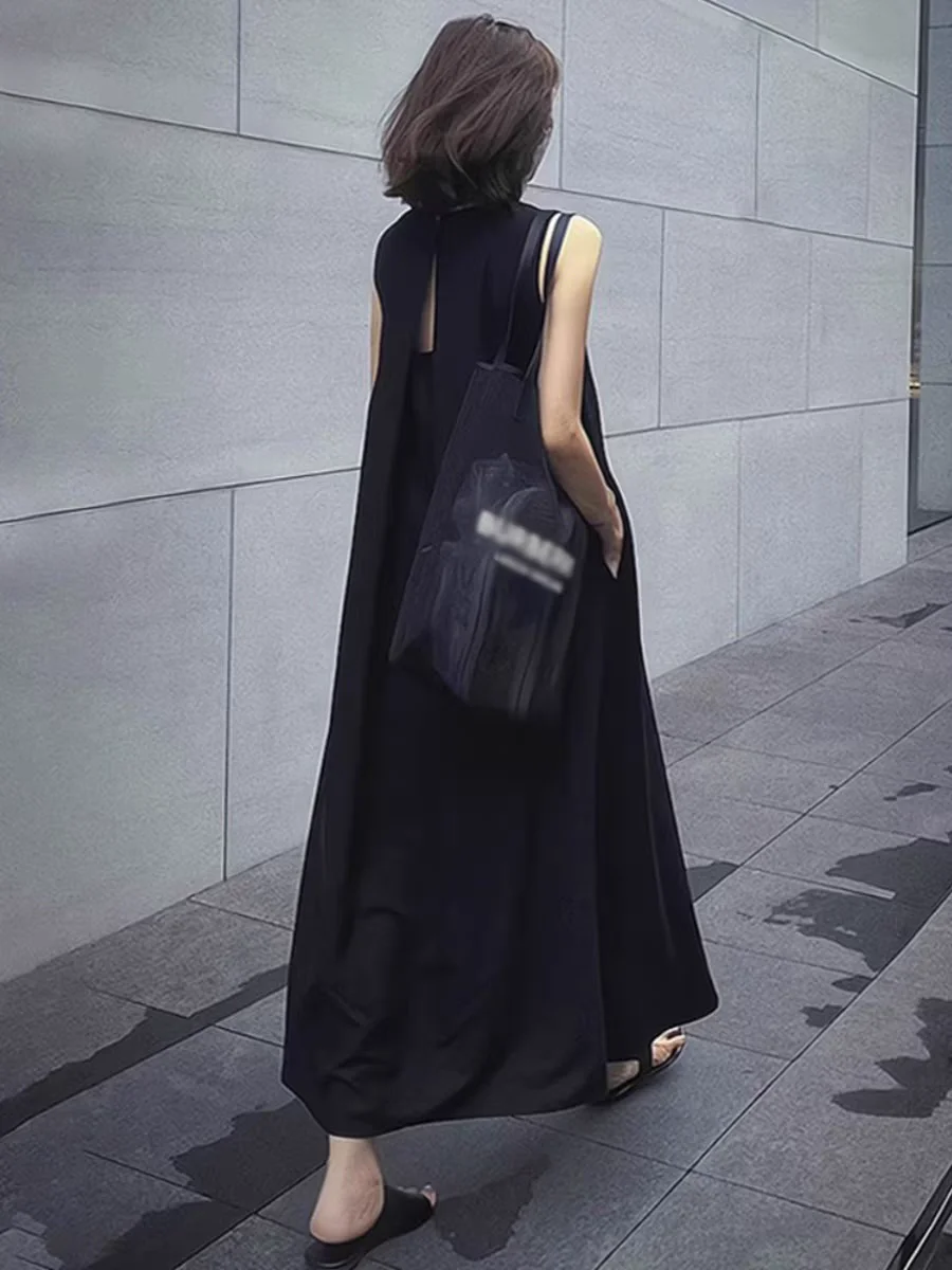 

Ele Bal Svel A-Line Dr Women's Summer Slimming Bla High Waist Gown French Sle Pure Color Casual Dr