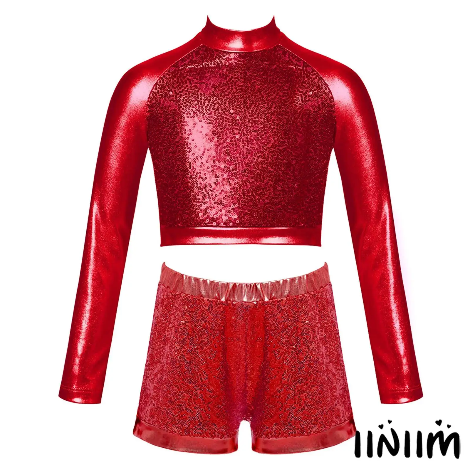 

Kids Girls Jazz Dance Outfit Mock Neck Long Sleeve Front Shiny Sequin Crop Top with Shorts Set for 80s Disco Street Dancewear