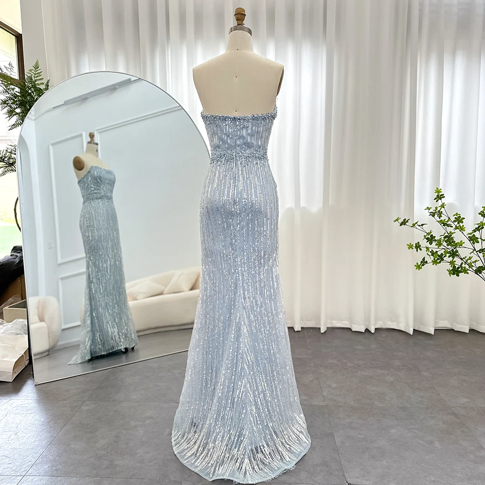 Jancember Light Blue Pearls Luxury Dubai Evening Dresses 2024 Elegant Strapless Arabic Women Wedding Party Formal Gowns Scz139