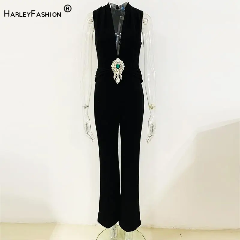 

2024 European Style Spring Summer High Street Lady Rhinestone Beading V-neckline Sleeveless Wide Leg Women Solid Jumpsuits