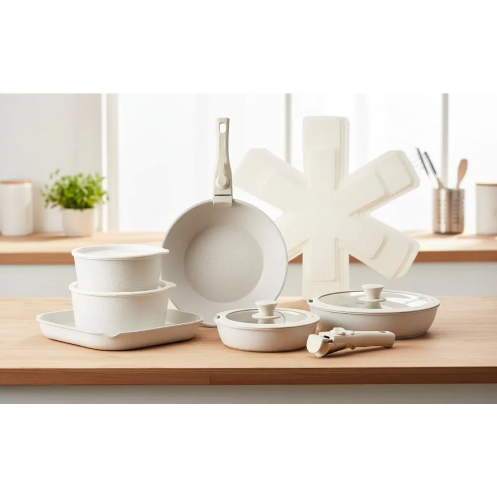 

17-Piece Nonstick Cookware Set with Detachable Handles, Space Saving Induction Pots & Pans for RV Kitchen Cooking