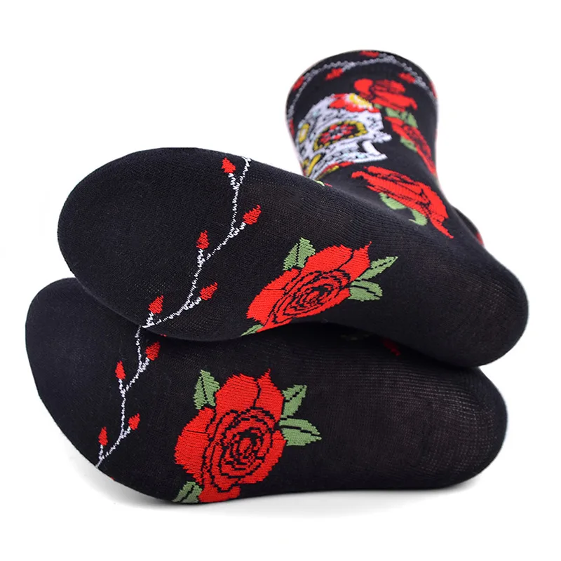 Fashion Harajuku Skull Rose Crew Socks Unisex Women Men Couple Black Cotton Retro Boho Hip Pop Street Socks Gift Bulk Wholesale