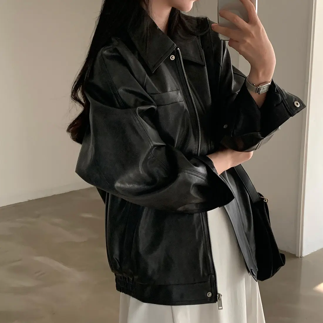 أنيقة بو الجلود Jaet المرأة سستة طوق فضفاضة تناسب السائق Sle ملابس خارجية طويلة Sve تخفيف Faion الخريف الاتجاه