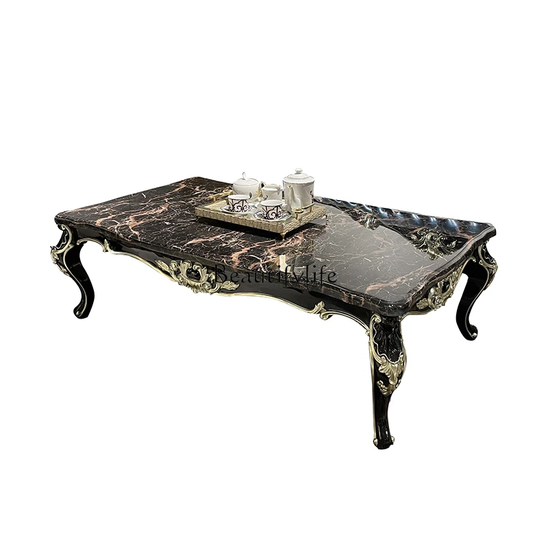 

French solid wood large coffee table, European small apartment rectangular solid wood living room neoclassical marble tea table