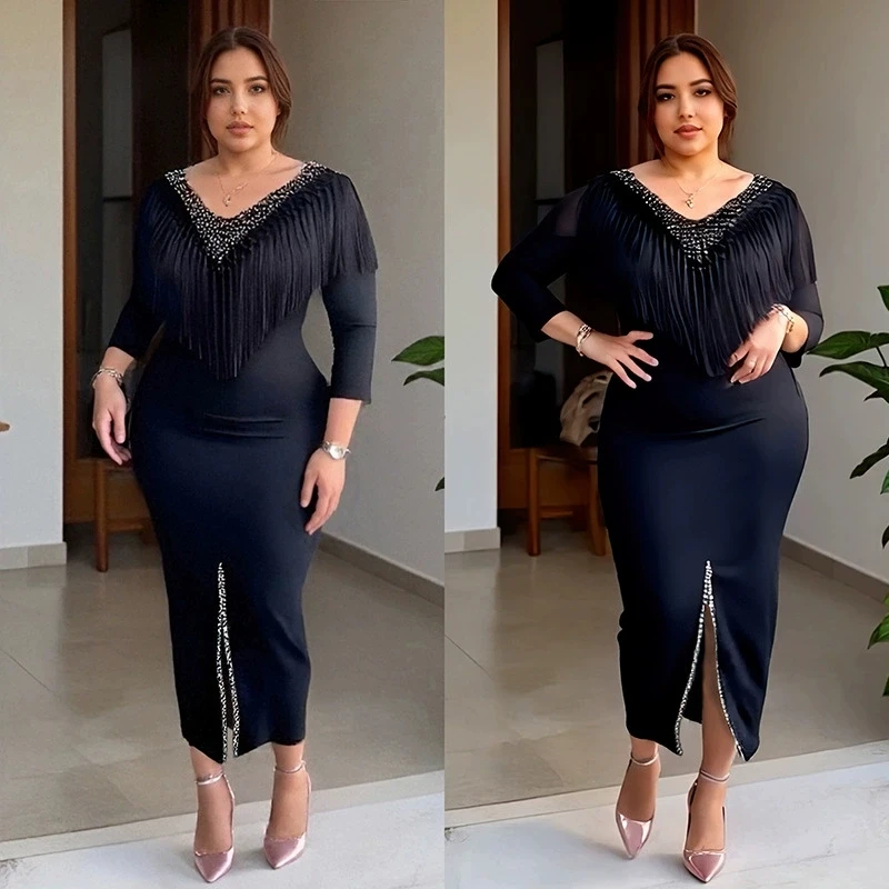 فساتين الكنيسة الأنيقة للنساء للحفلات بأكمام طويلة مع غمد مزين بالدانتيل، مناسبة أنيقة لضيوف حفل الزفاف في أفريقيا