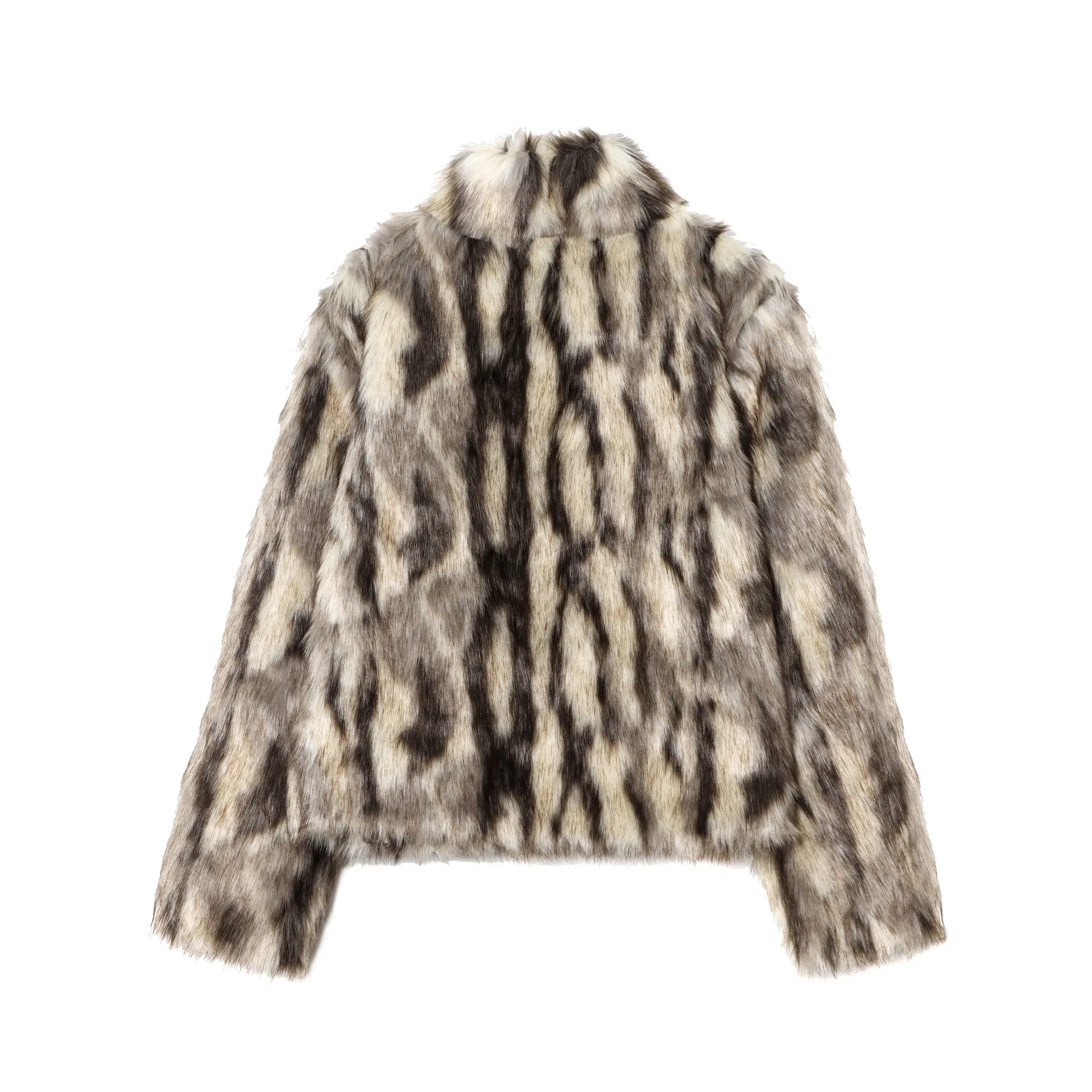 Women's Fashion Casual Faux Fur Coat Jacket With Abstract Print Stand Collar Long Sleeve Warm Winter Outerwear For Women ZKNB