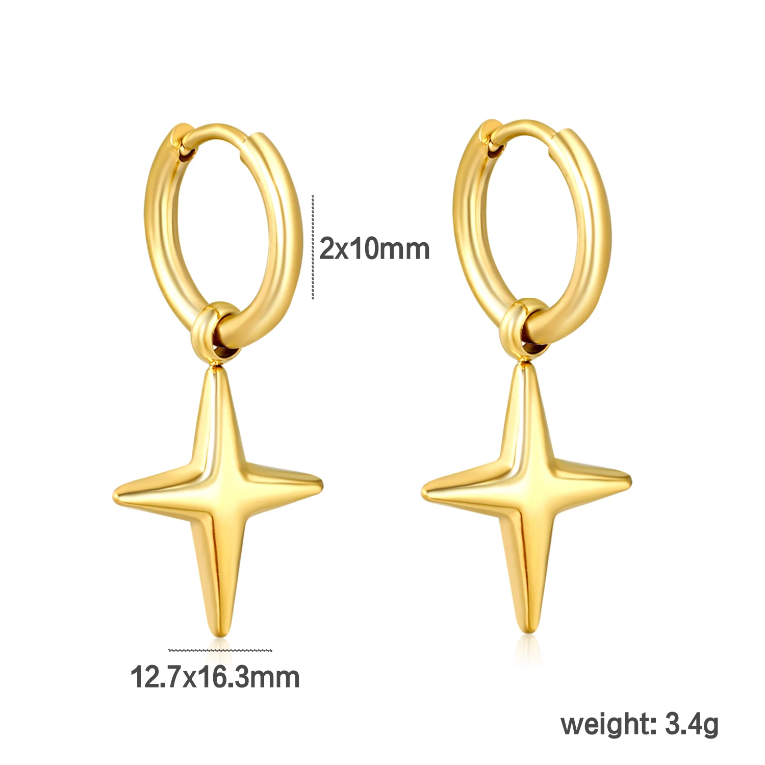 INS Luxury Shiny Four Point Star Dangle Hoop Earrings for Women 18K Gold Silver 316L Stainless Steel Hypoallergenic Office Gift