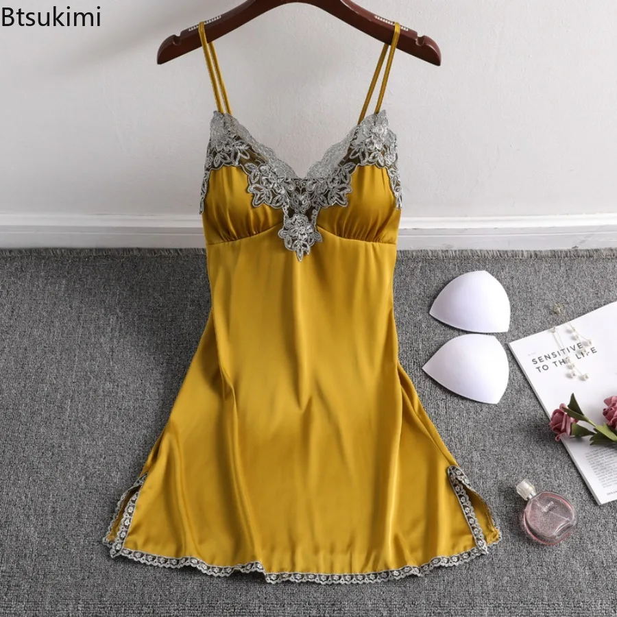 

2025 Summer Women's Sexy Silk Satin Night Dress Sleeveless Nighties V-neck Nightgown Nightdress Lace Sleepwear Nightwear Ladies