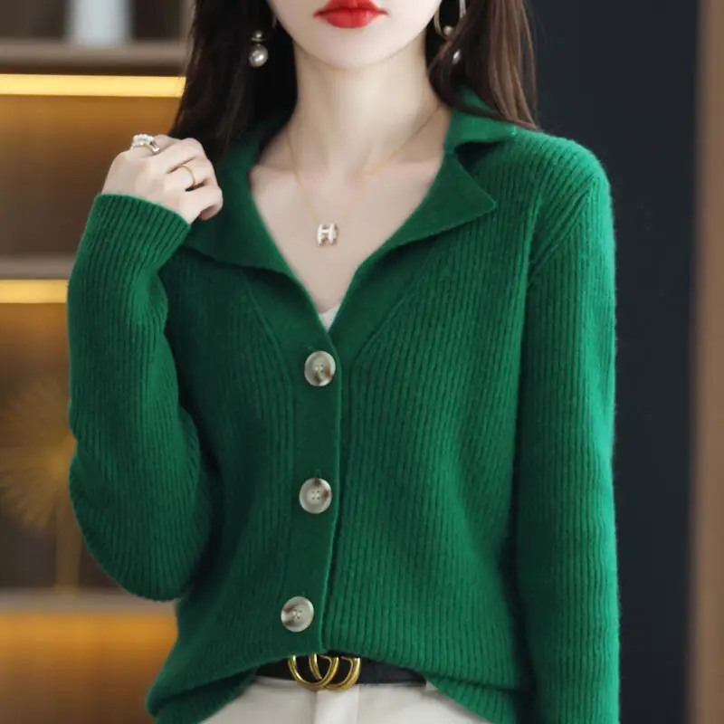 Autumn Winter Women\'s Pullover V-Neck Button Solid Screw Thread Turn-down Collar Long Sleeve Slim Sweater Knit Coat Casual Tops