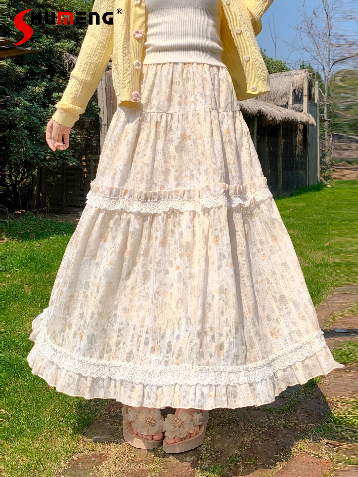 

Elegant Sweet Mori Girl Floral Printed Skirts Elastic High Waist A-line Gentle Casual Versatile Long Skirt Women's Summer 2026