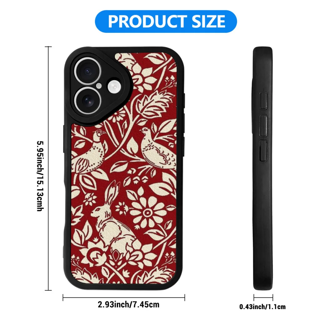 Phone Case For iPhone 16 Pro Max Plus Silicone Skin Case Pheasant and Hare Pattern, Deep Red and Cream