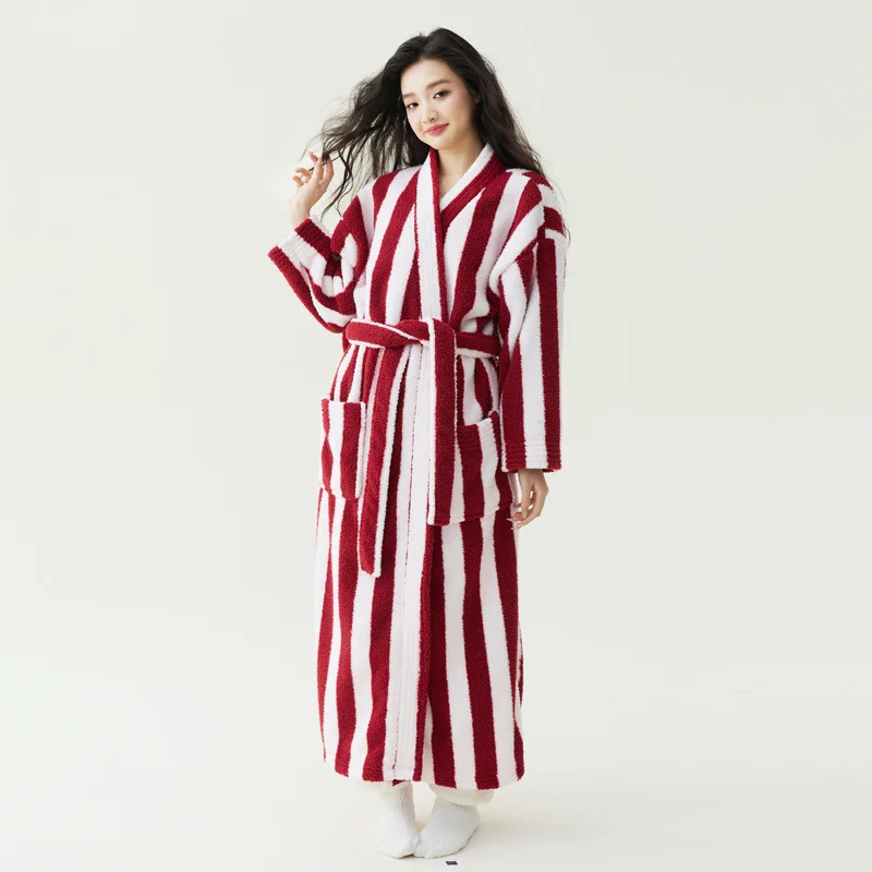 

Winter Thick Coral Fleece Long Robe Women's Novelty Stripe Kimono Bathrobe Gown Sleepwear Loose Warm Nightgown Negligee