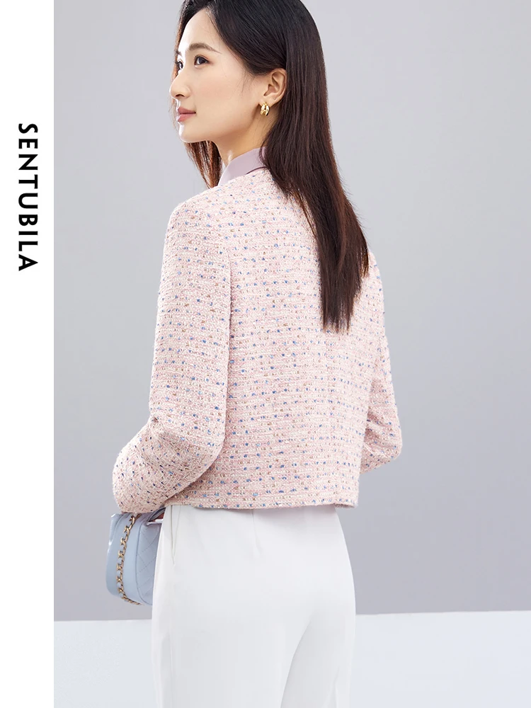 SENTUBILA Short Pink Tweed Jacket Women 2024 Autumn Fall Winter Fashion Crop Tweed Coat Woman Outerwear Female Clothes 141W53075