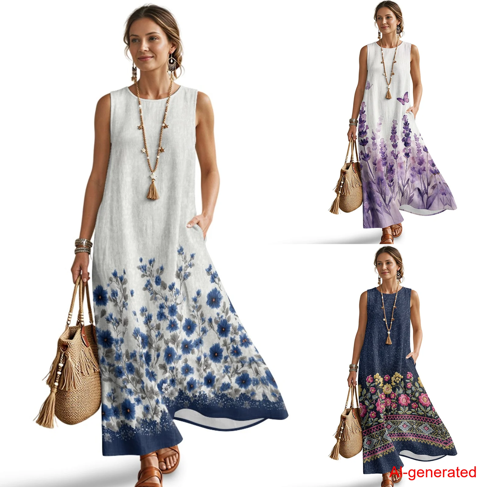 

INSTANTARTS Imitation Linen Loose Vest Long Skirt Elegant European Floral Weekend Dress Casual Summer Holiday Outfit with Pocket
