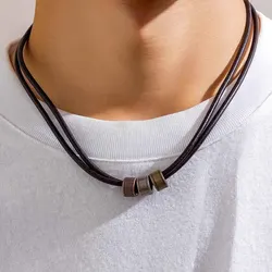Simple Gun Black Color Wax Cord With Pendant Necklace for Men Small Round Rings Charm Choker Jewelry Collar Party Street
