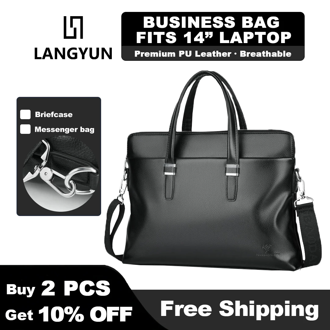 LANGYUN Large Capacity Men's PU Leather Briefcase Waterproof 14 Business Commuter Laptop Bag Office Work