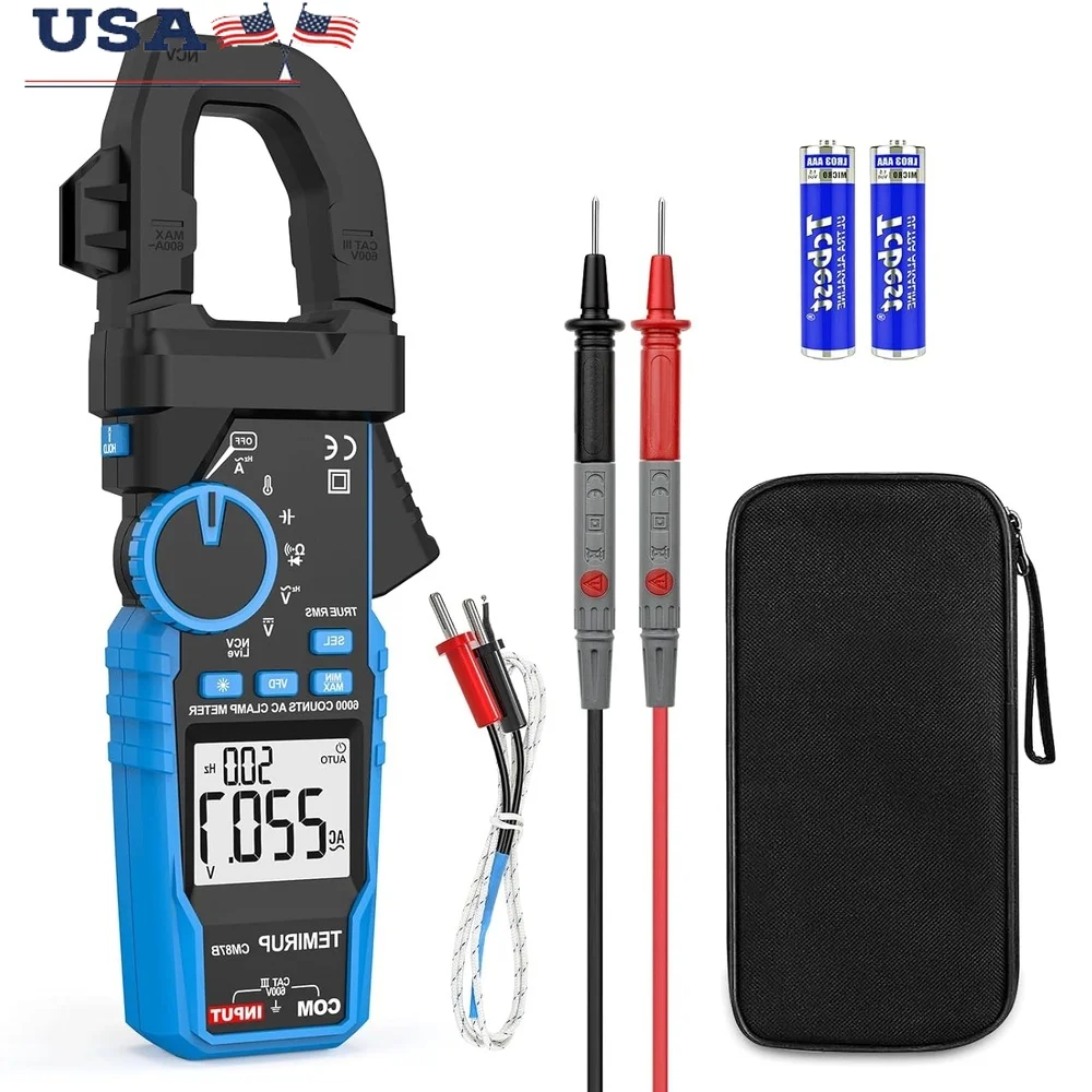 

Digital Clamp Meter Multimeter Auto-ranging 6000 Counts Voltage Tester D-Shaped Jaw Non-Contact NCV AC DC Voltage Measurement