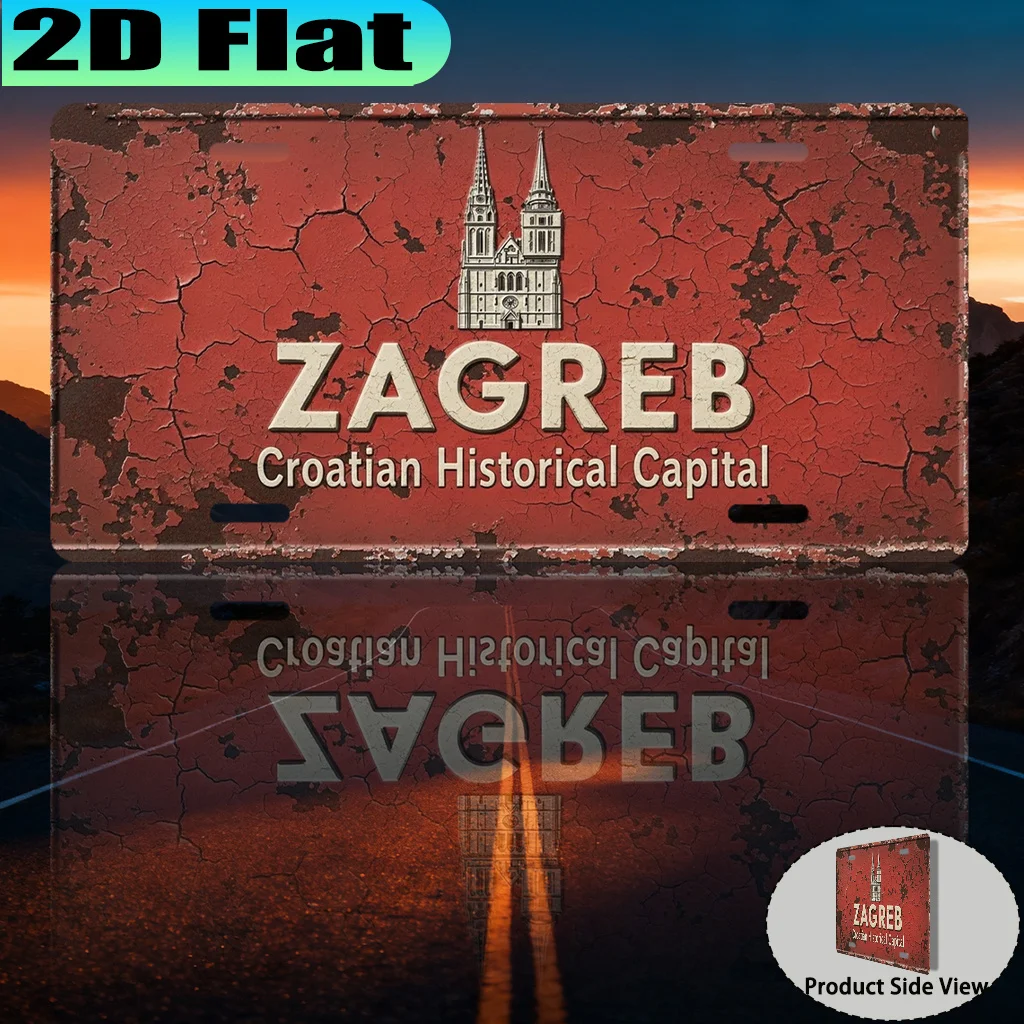 2D Flat - [2D Flat] A Vintage Aluminum Sign of Zagreb, The Historical Capital of Croatia, Measuring 12.0X6.0 inch. This 2D Print