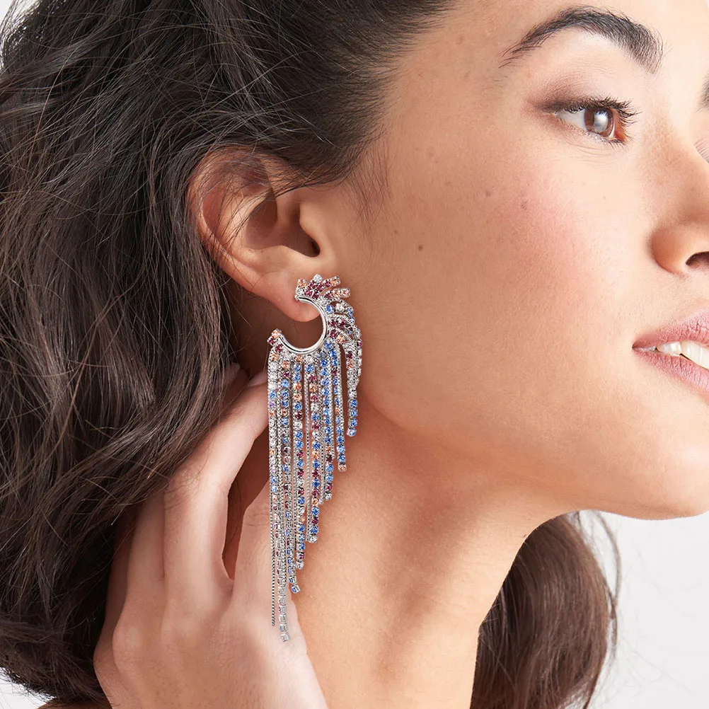 

Colorful Tassel Women Style Rhinestone Dangle Drop Long Ear Jewelry Birthday Prom Dangle Tassel Earrings Wedding Gift