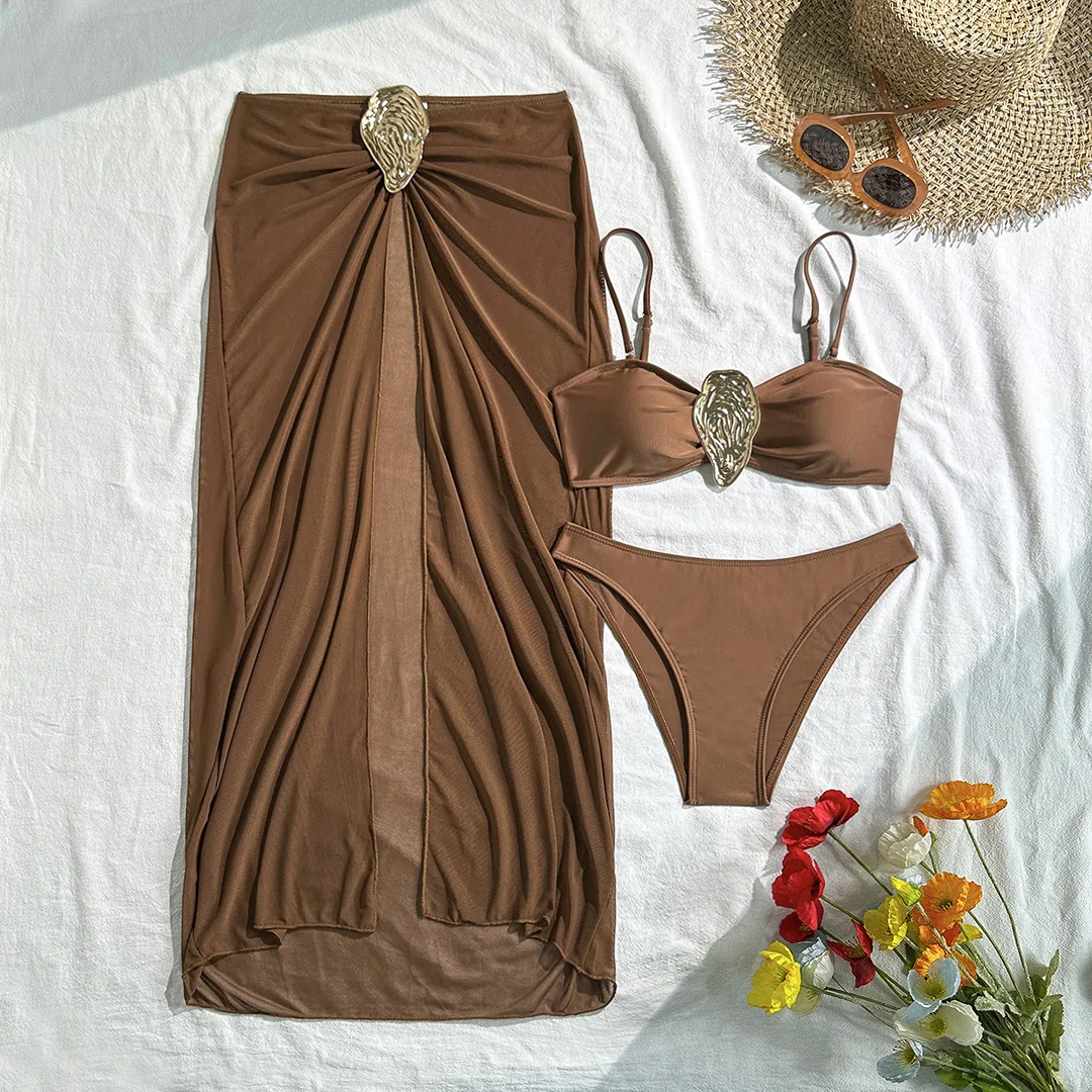 Neu mit Rock, Metallring, brasilianischer Bikini, Damen-Badeanzug, Damen-Bademode, dreiteiliges Bikini-Set, Badeanzug, Badebekleidung, Schwimmbekleidung V6990 – Detail 12