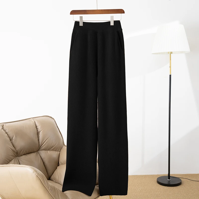 100% merino wool women's knitted trousers, fashionable, warm, drawstring, pockets, wide-leg pants, new autumn and winter 2024