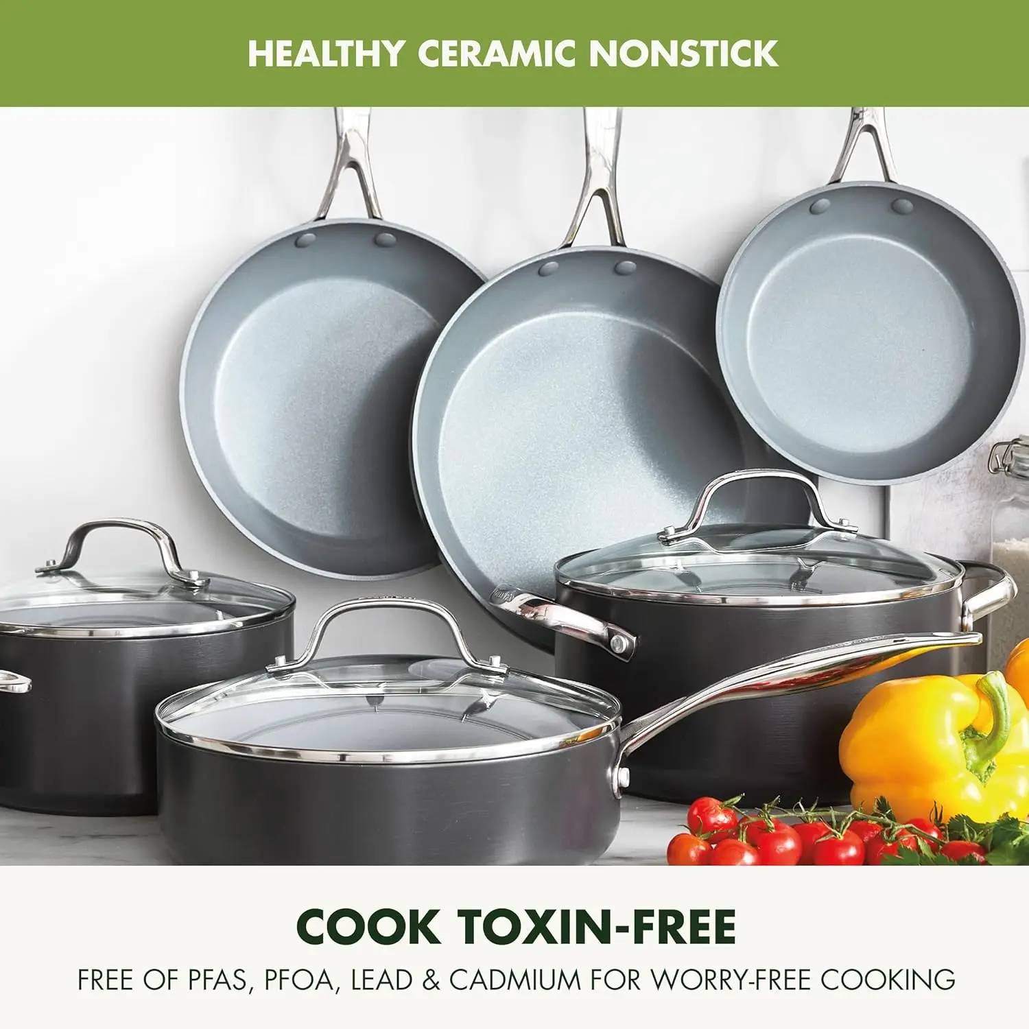 GreenPan Valencia Pro Hard Anodized 11 Piece Cookware Pots and Pans Set, Ceramic Nonstick PFAS-Free PFOA-Free Coating,