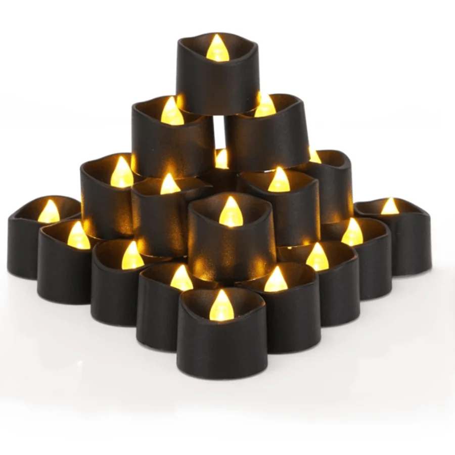 Homemory 24 Pcs Black Tea Lights Candles Battery Operated, 200+Hour Flameless Flickering Fake Electric LED Colored Tealights Candles For Halloween, Theme Party, Wedding Table Decor, Holiday Decor