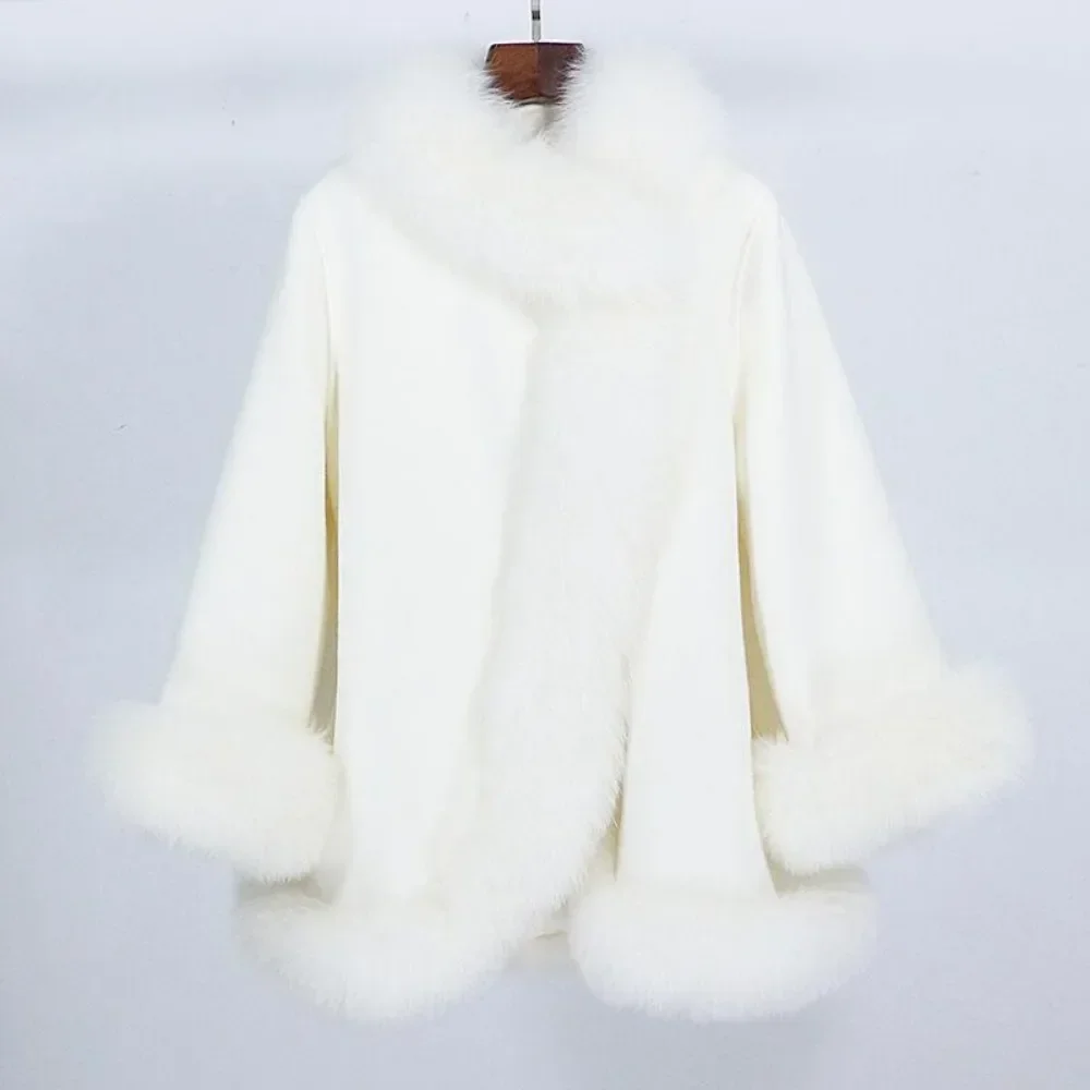2025 Elegant Real Fur Coat Warm Oversized Real Fox Fur Collar Cuffs Elegant White Wool Coat Women Natural Fox Fur Jacket
