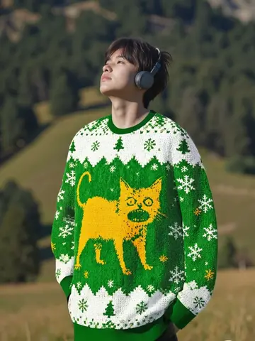 Mode Herren Horrible Japanese Cat Christmas Ugly Sweatshirt Vintage Herbst Langarm Rundhals Pullover Pullover Übergroß