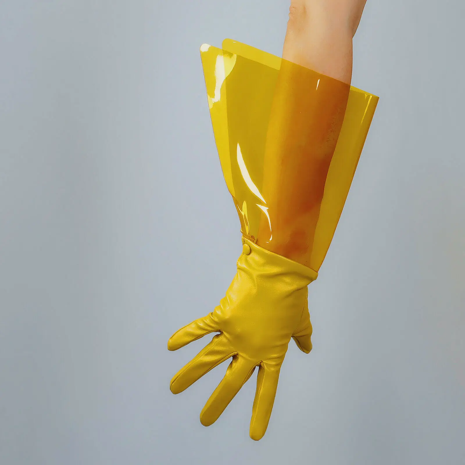 Plastic Yellow GLOVES CLEAR PVC Sleeves Faux Leather 38cm Long Transparent Cosplay Evening Dressing Fashion Costume Christmas