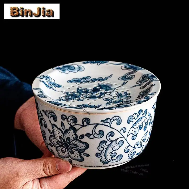 Blue And White Corianderma Truncatula Jianshui Tea Wash Bowl Writing-brush Washer Tea Residue Barrel Chaxi Drinkware Decoration