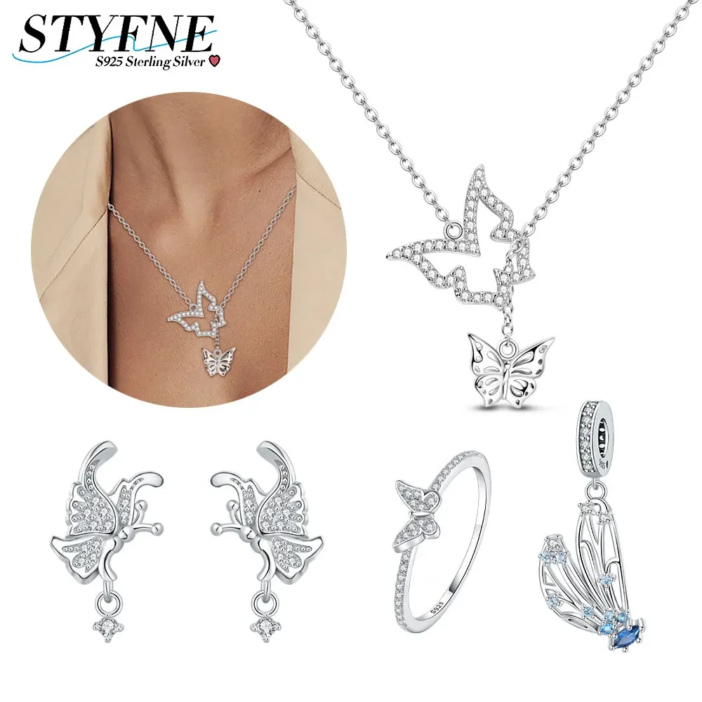 Set with White Zircon Flying Hollow Butterfly Jewelry 925 Sterling Silver Set Earring Necklace Ring Charm for Women Jewelry Gift