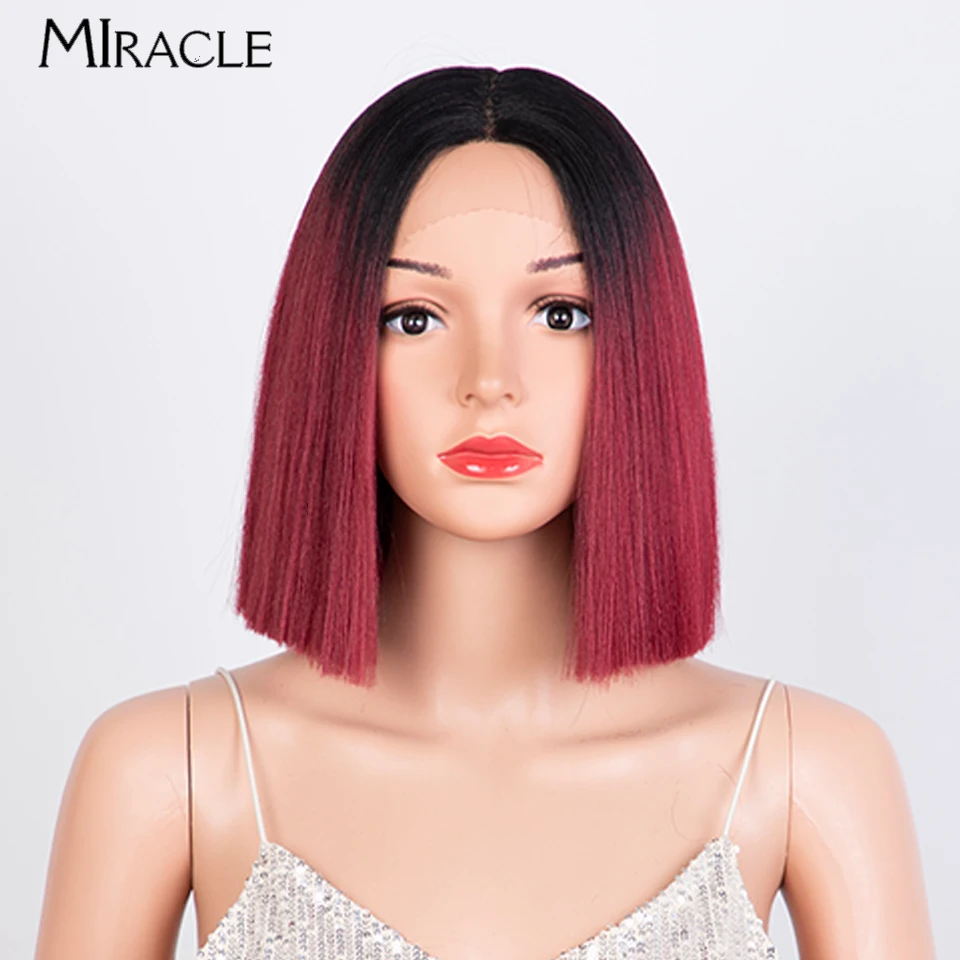 

MIRACLE Short Bob Wig Synthetic Lace Front Wigs for Women 10 Inch Straight Lace Wig Cosplay Hair Green Ombre Red Blonde Wig