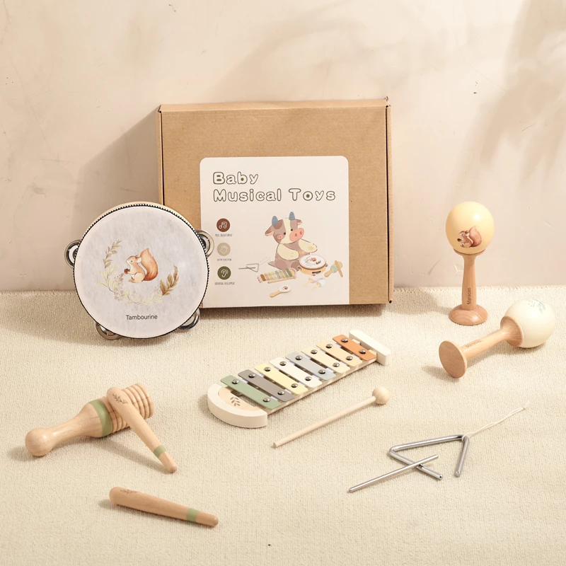 Baby Wooden Musical Instruments Toys Montessori Cartoon Squirrel Pattern Instrument Set Children's Music Enlightenment Toy Gift