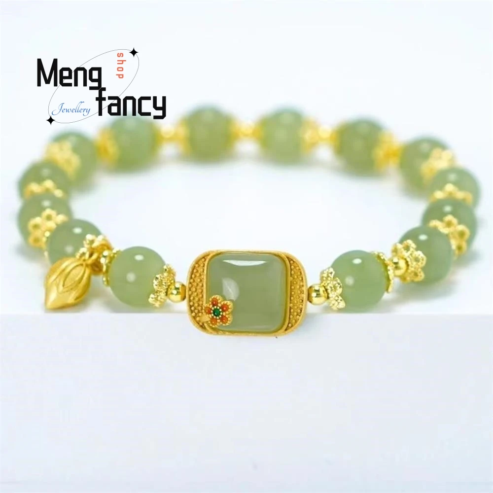 Natural Hetian Jade Bracelet Square Sugar Lotus Bracelet Exquisite Elegant Retro Chinese Style Sexy Young Girls Fashion Jewelry