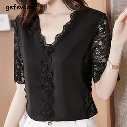 Elegant Fashion Casual Solid Color Lace Patchwork Chiffon Shirt Summer 2023 New V-Neck Short Sleeve Loose Blouse Female Clothing