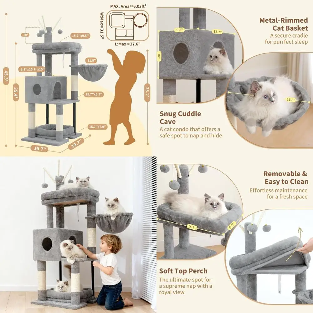 

Heybly Cat Tree, 45.3-Inch Cat Tower or Indoor Cats with Large Perch, All-in-One Cat urniture with Cozy Bed, Hidden Space Cat Co