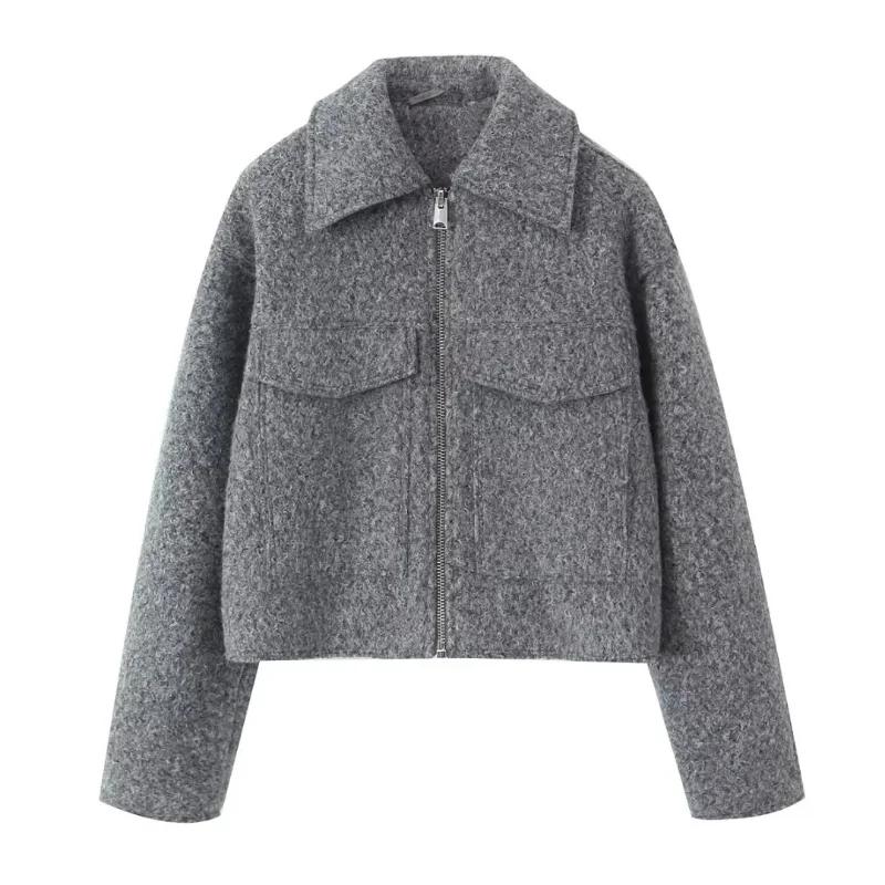 Women's Short Turn-Down Collar Tweed Jacket with Zippers, Winter Overcoat, High Quality Clothing, New Fashion, Autumn