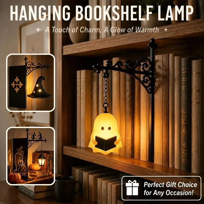 Halloween Ghost Bookshelf Hanging LED Night Light Vintage Library Reading Lamp Wrought Iron Wall Decor Home Bedroom