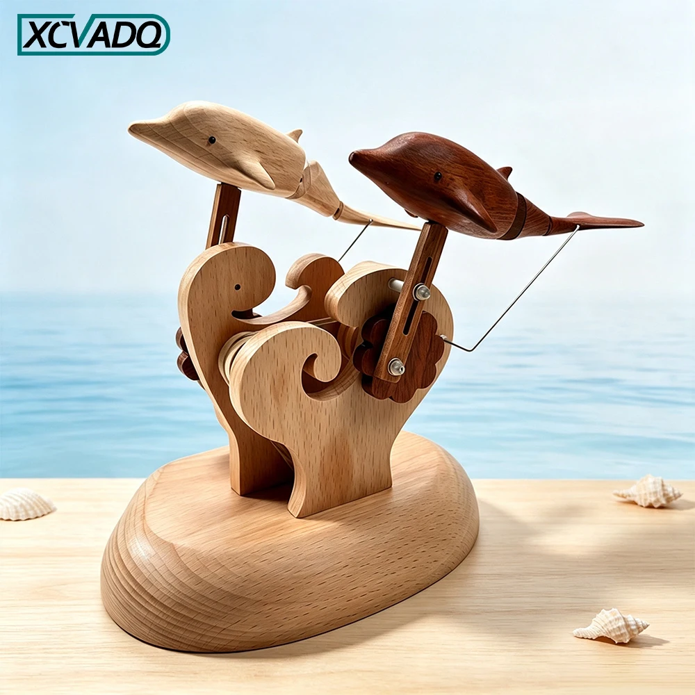 Mechanical Automata Wooden Swimming Dolphin Statue, Moving Figurine Solid Wood Handmade Desktop Display Decor for Gift
