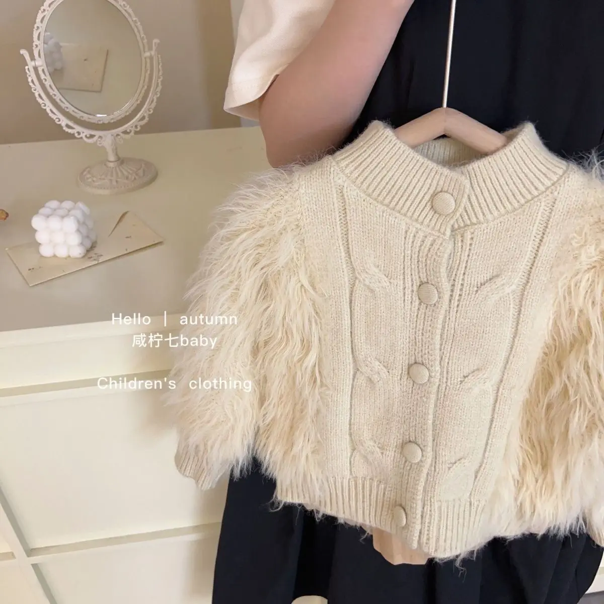 Elegance Winter Childent Artificial fur Sweater Thick Warm Coat Jacket+leather Pleated Skirt 2Pcs Suits Cotton Girls Outwear