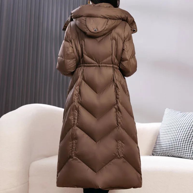 High-end Duck Down Down Jacket Winter Warm Coat Hooded Waisted Medium-length Parka Fashion Street Temperament Women's Coat