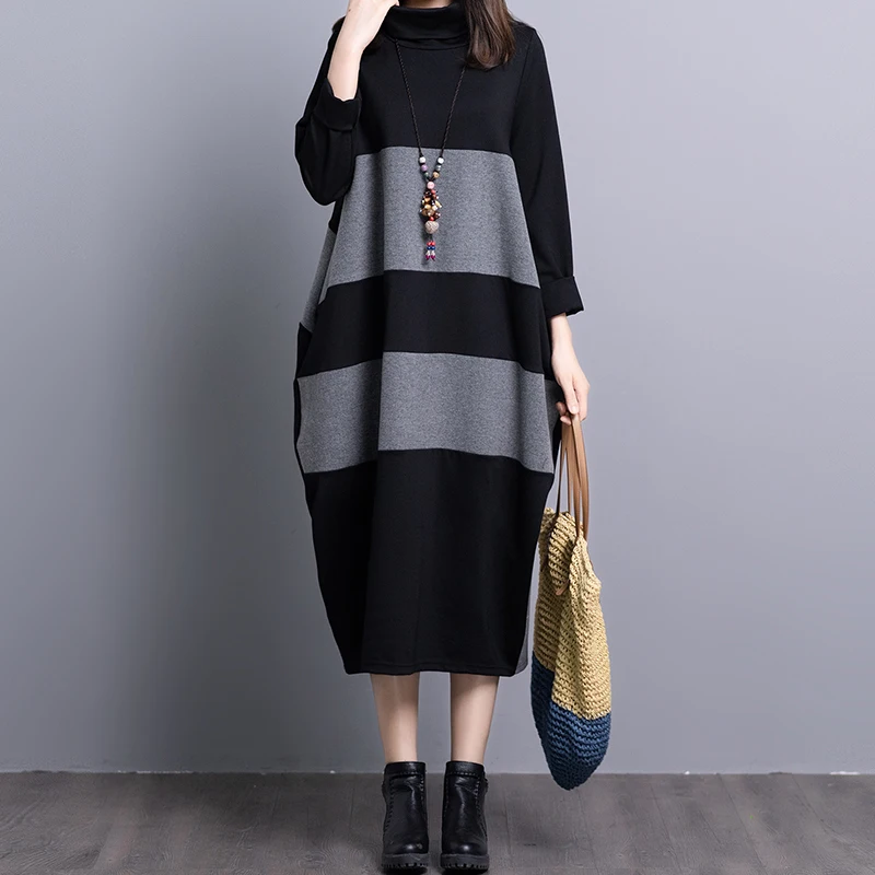 

Women Clothing Contrast Cocoon Style Dress Autumn Winter Korean Fashion Casual Simple Fashion Over the Knee Dresses