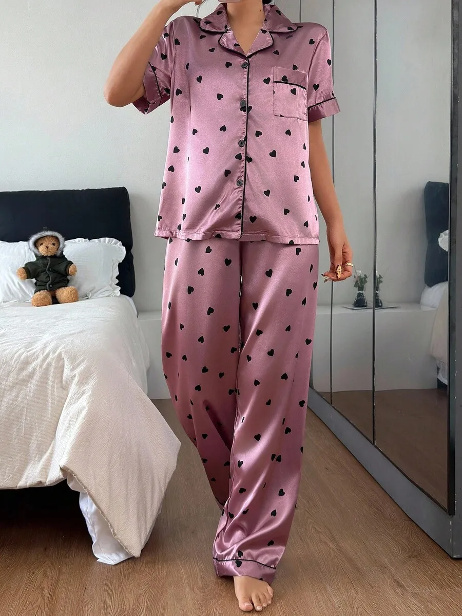 

Pink Heart Print Faux Silk Short Sleeve Pajama Set Women Lapel Collar Comfortable Satin Sleepwear