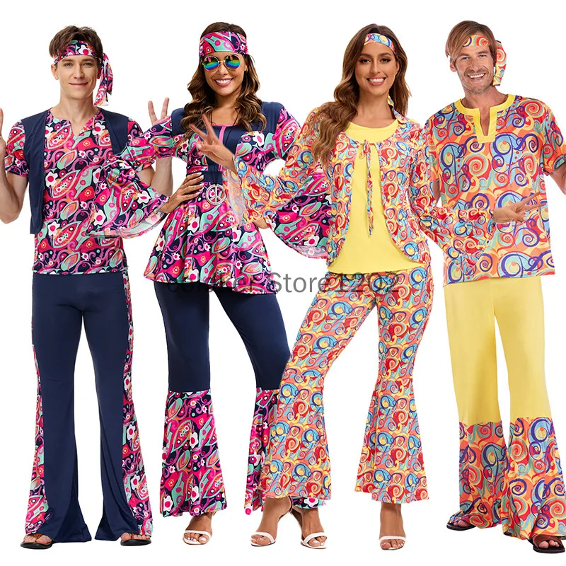 

1970s Hippie Costume Set for Men Women Vintage Festival Outfit Rock Disco Couple Hippie Halloween Retro Theme Parties Cosplay